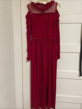 Girls' Sparkle Red silver-Shoulder Maxi Dress with Ruffled Neck